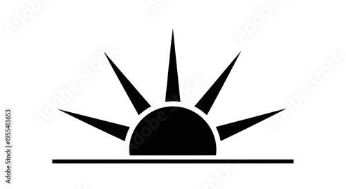 A simple black and white illustration of a rising sun with rays.
