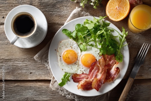 Delicious breakfast with eggs, bacon, greens, coffee, and orange juice.