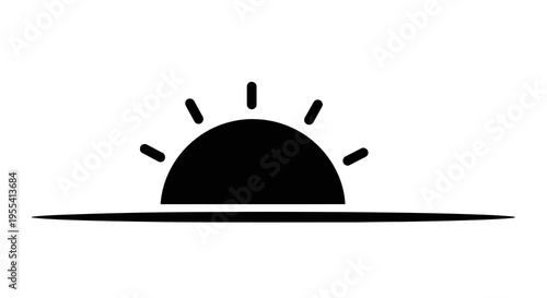 A simple black silhouette of a sunset over a horizon on a white background.