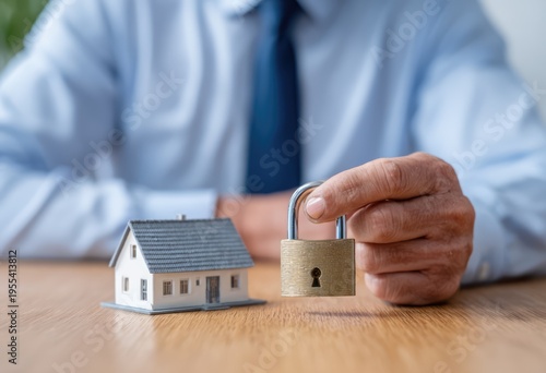 Home security concept - Man secures miniature house with padlock.
