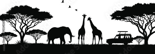 African savanna safari landscape silhouette with wild elephant, giraffes, acacia trees, flying birds, and off-road tourist vehicle on horizon under white background for nature vector.