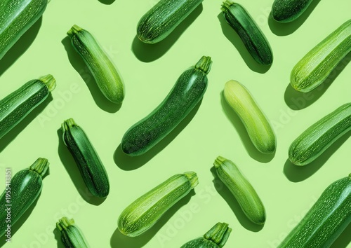 Fresh Zucchini Vegetable Pattern on Green Background.