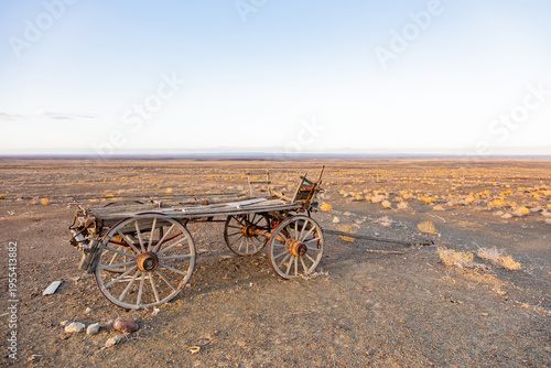 Vintage ox wagon abandoned in arid desert