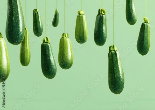 Zucchinis suspended in air against a green background, studio shot.