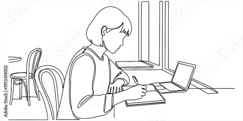 Continuous One Line Drawing of Woman Working on Laptop in Cafe