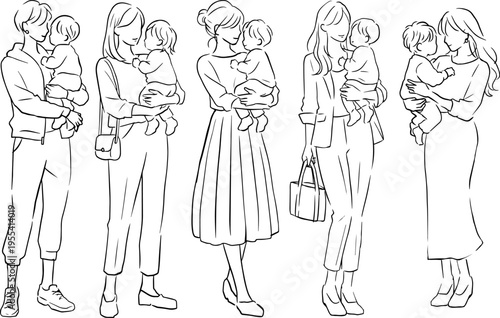 子供を抱っこする5人の女性のシンプルラインのイラストセット
