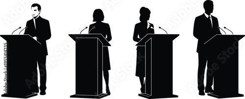 Black silhouettes of professional men and women public speakers giving speeches at podiums with microphones, isolated vector illustrations for political debates, business conferences, and seminars.