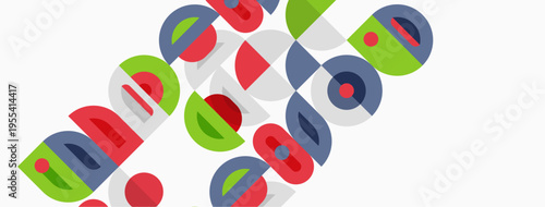 Abstract geometric pattern. Colorful shapes overlap, creating dynamic visual texture. Circles, squares, lines form interesting composition.