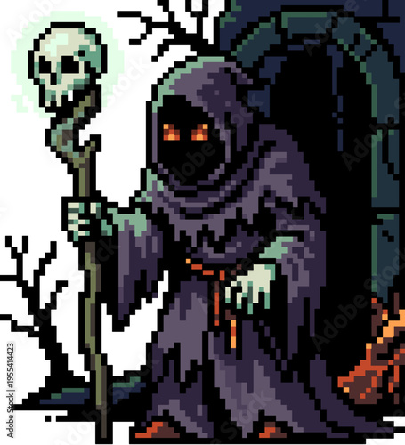 Grim reaper wizard holding skull staff dark dungeon pixel art style