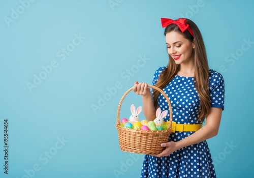 A smiling woman in a polka dot dress holding a woven basket filled with colorful easter eggs