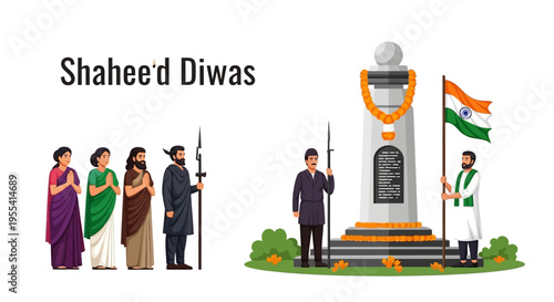 Illustration of people paying tribute to martyrs on Shaheed Diwas with Indian flag and monument with a solemn mood.
