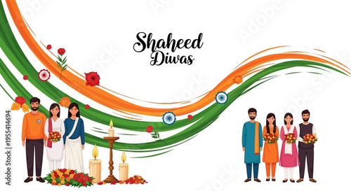 Illustration of people paying tribute to martyrs on Shaheed Diwas with Indian flag colors and floral decorations.