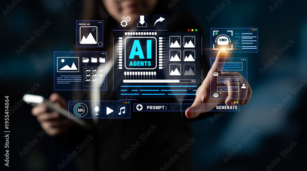 Obraz premium Futuristic Interface Displaying AI Agents and Digital Interactions for Creative Applications and Innovative Technology Concepts in Modern Workspace Environments Quark.