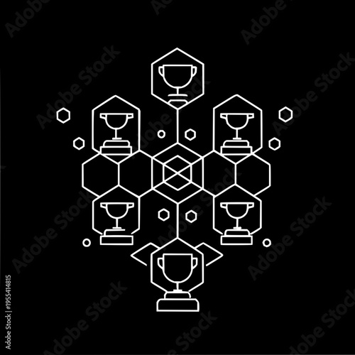Trophy Awards in Hexagon Network on Black Background