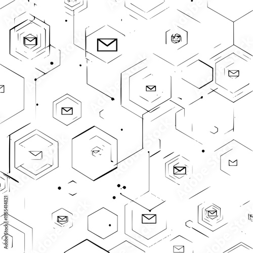 Email Icons in Hexagonal Network Diagram on White Background