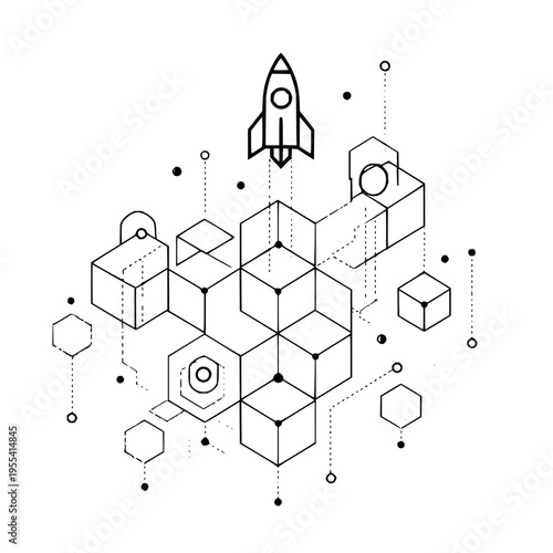 Rocket Ship Launching from Geometric Blocks on White Background