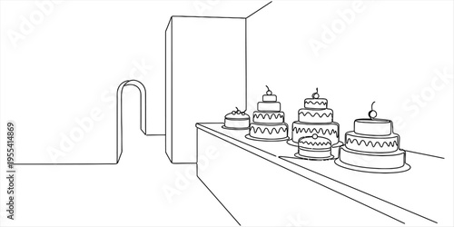 Continuous One Line Drawing of Elegant Cakery and Pastry Shop