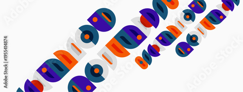 Colorful circles, rectangles overlap creating abstract pattern. Bright hues dominate composition, diagonal arrangement visible.