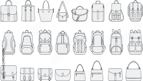 Black line drawings of diverse bags including handbags, tote bags, backpacks, satchels, clutches, and purses, showcasing fashion design, accessories, style, and product illustration