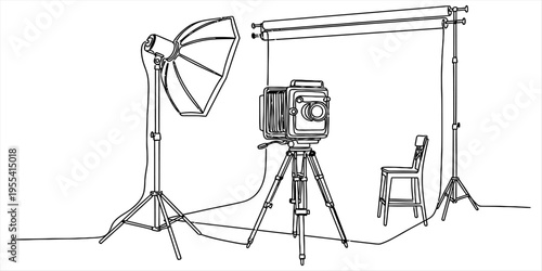 Continuous One Line Drawing of Professional Photography Studio with Equipment