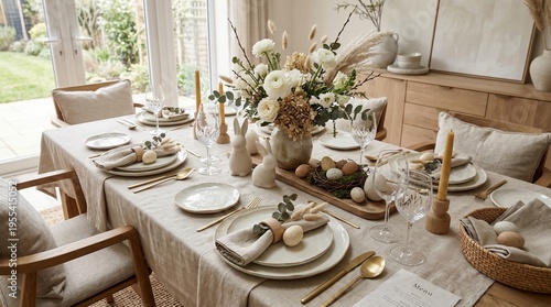 Elegant and bright Easter dining table setting with a floral centerpiece, ceramic rabbits, and decorated eggs ready for a festive meal.