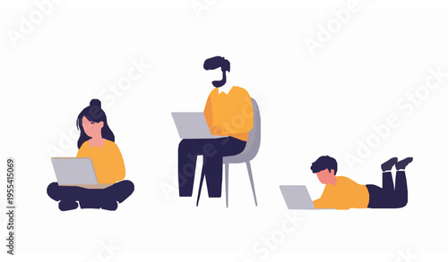 Freelance people working on laptops vector set woman man and boy remote work lifestyle illustration