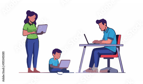 Cartoon people using laptops vector woman man and child online learning and freelance work set