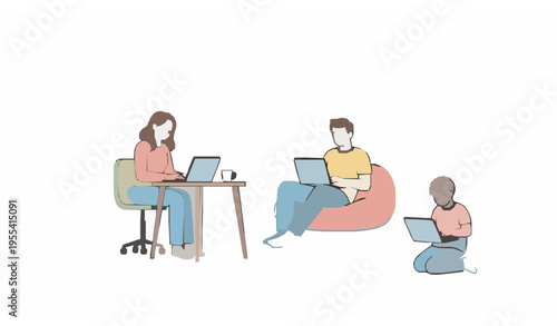 Minimal people with laptops vector woman man and boy freelance work and online reading concept