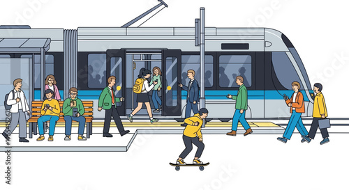 Diverse commuters board modern light rail train at urban station platform