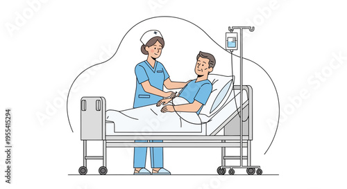 Nurse caring for patient in hospital bed with IV drip, modern illustration