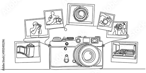 Continuous One Line Drawing of Vintage Camera and Developing Photos