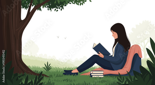 Woman reading book under tree in park, relaxing outdoors, serene nature scene