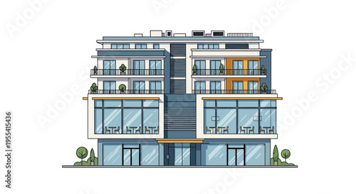 Modern Apartment Building Facade with Balconies and Large Windows, Flat Illustration
