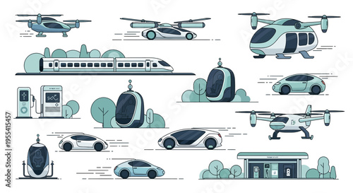 Futuristic Transportation: Flying Cars, Drones, Pods, Trains, and Charging Stations