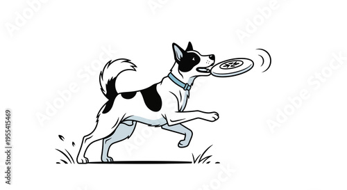 Happy dog running with frisbee in mouth, cartoon illustration, white background