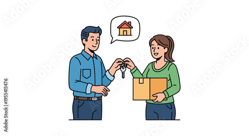 Man handing keys to woman with house icon, symbolizing home ownership and real estate transaction.