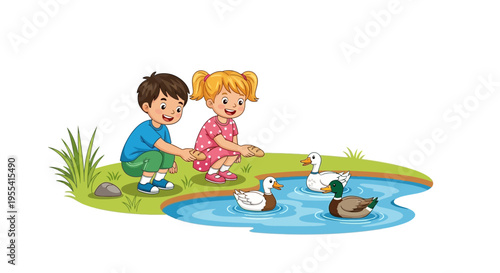 Tableau sur toile Children feeding ducks by pond, playful outdoors, nature, cute cartoon illustrat