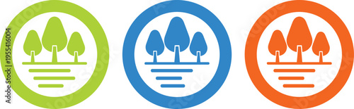 Forest Landscape Icon Set with Tree Nature Symbols for Environmental Conservation, Park Signage, Outdoor Ecology Awareness, Green Area Identification, and Natural Scene Design