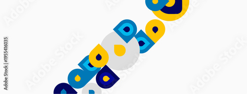 Abstract colorful shapes scattered across white background. Geometric forms create dynamic visual composition. Bright hues dominate design.