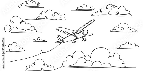 Continuous One Line Drawing of Vintage Biplane Flying Through Clouds