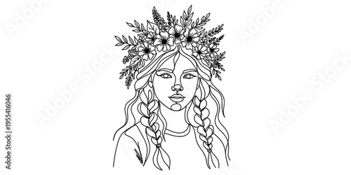 Continuous One Line Drawing of Boho Woman with Floral Crown