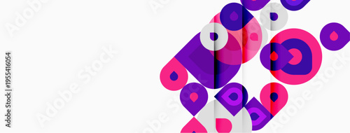 Abstract composition featuring overlapping circles. Purple, pink hues dominate white background. Modern design, dynamic shapes present.