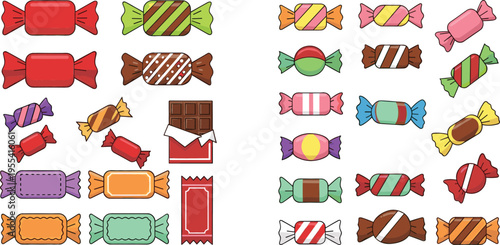 Colorful Candy Collection with Wrapped Sweets Chocolate Bars and Confectionery Treats Set for Kids Party Dessert and Snack Illustration