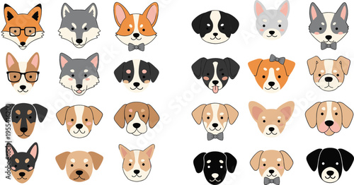 Cute Dog Faces Collection with Different Breeds Expressions and Cartoon Style Puppy Heads Set for Pet Illustration and Mascot Design