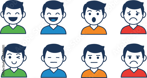 Male Facial Expression Avatar Icon Set with Emotion Reaction Symbols for User Mood Indicators, Feedback Communication, Digital Profile Characters, and Interface Design Elements