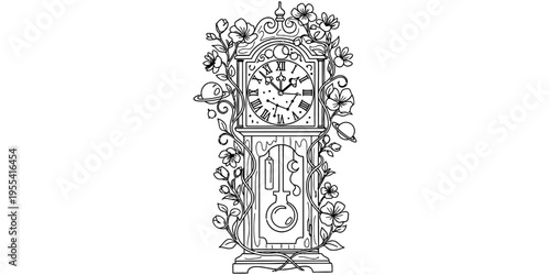 Continuous One Line Drawing of Vintage Grandfather Clock with Flowers