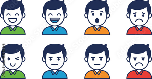 Male Avatar Emotion Icon Set with Facial Expression Symbols for User Mood States, Reaction Indicators, Customer Feedback, and Digital Profile Interface Design