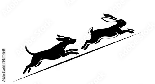 Isolated black silhouette vector illustration of a wild deer and other mammal animals like a kangaroo or panther running on a white background