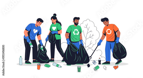 Diverse volunteers cleaning park, collecting trash in bags, environmental protection concept