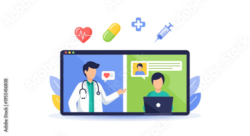 Online Doctor Consultation: Doctor and Patient Video Call on Screen